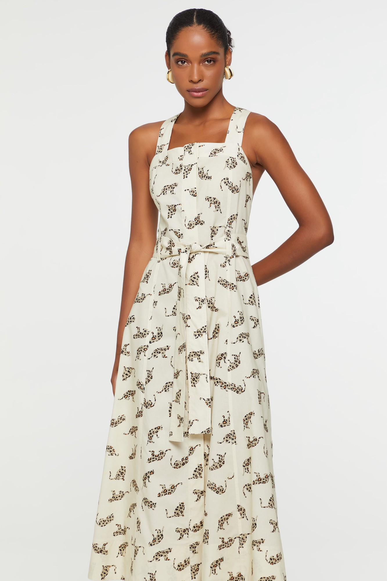 Vestido De Algodão Midi Estampado Jardineira