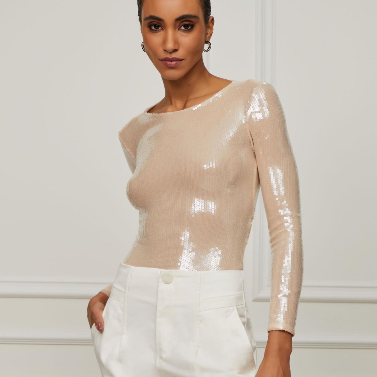 Body Malha Manga Longa Paetê Nude