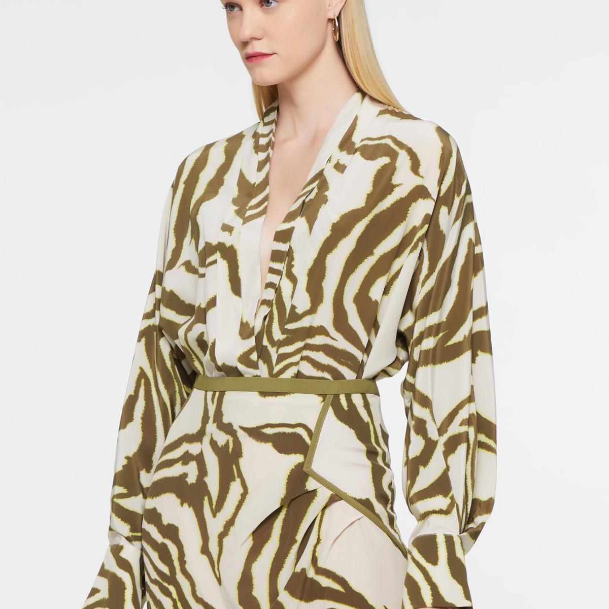 Body Manga Longa De Seda Estampado Zebra