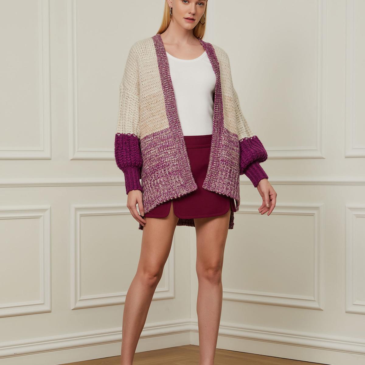 Cardigan Oversized Pesado Com Manga Longa Tricot Roxo