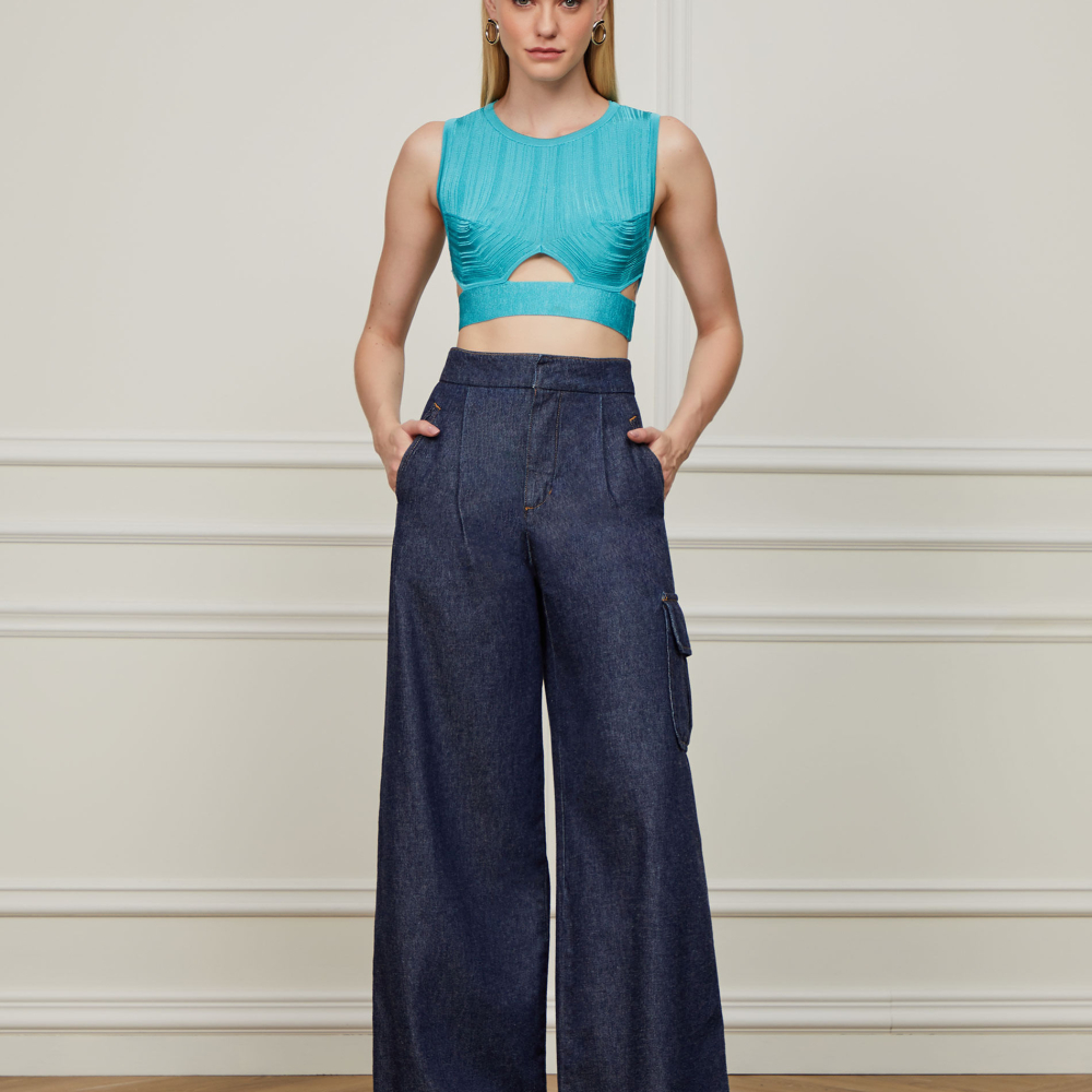Top Estruturado De Tricot Canelado Irregular Turquesa