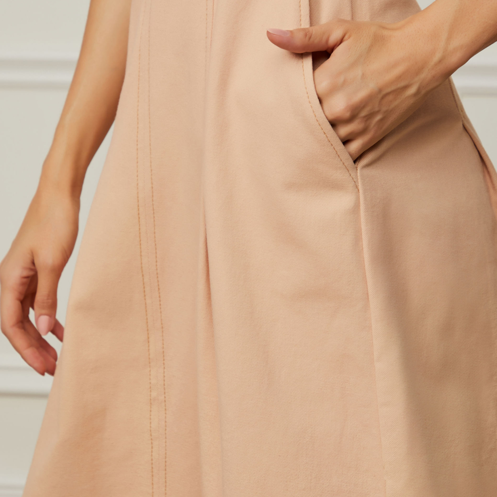 Vestido De Sarja Midi Bege Praia Com Bolso