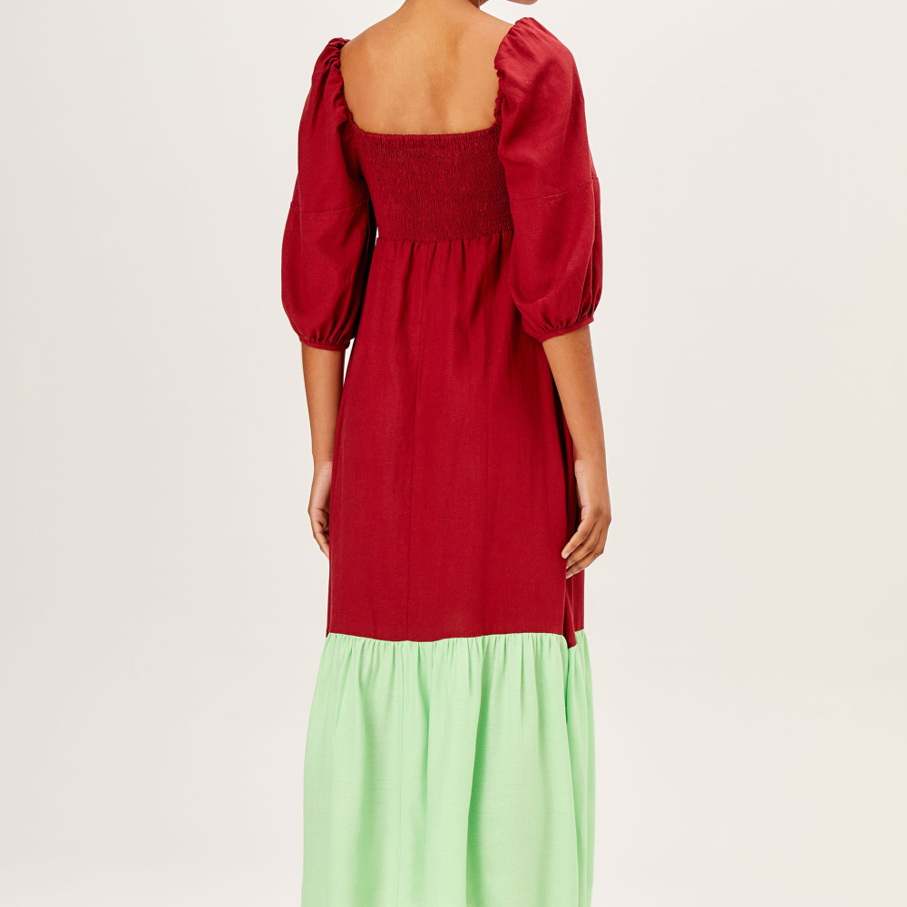 Vestido Midi Bicolor Manga Bufante