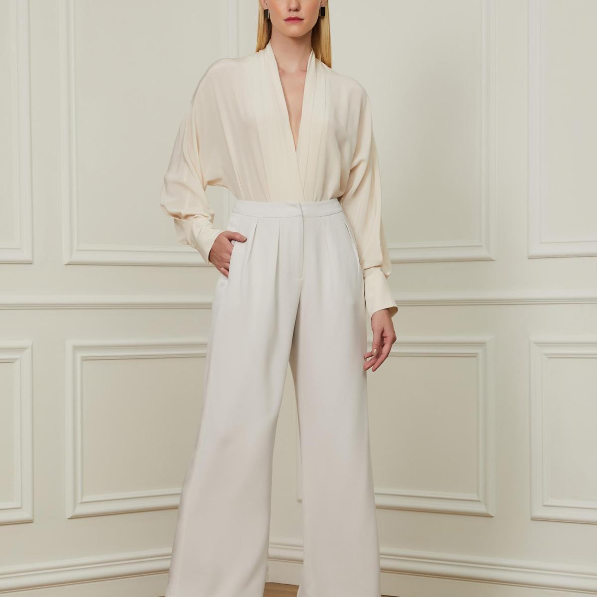 Body Manga Longa De Seda Estampado Off White
