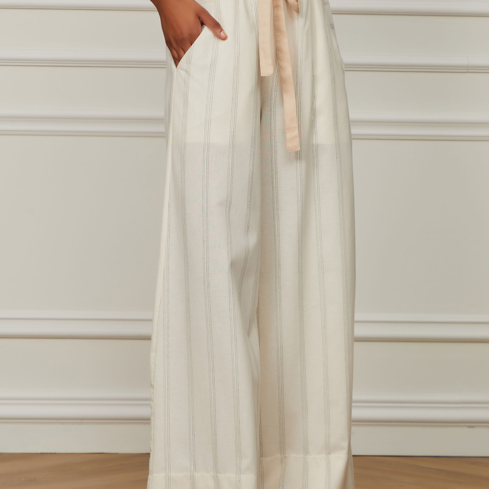 Calça Ampla De Algodão Com Listra Lurex