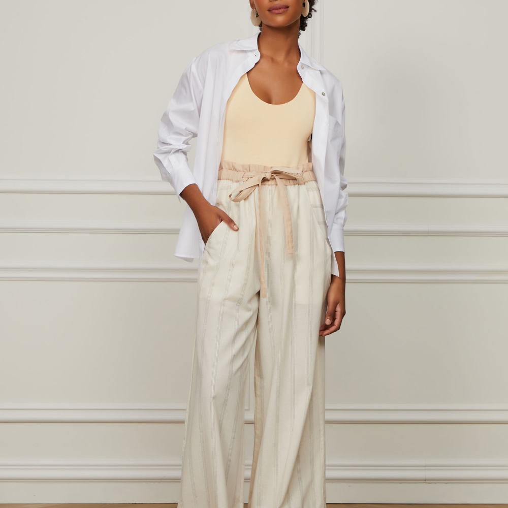 Calça Ampla De Algodão Com Listra Lurex