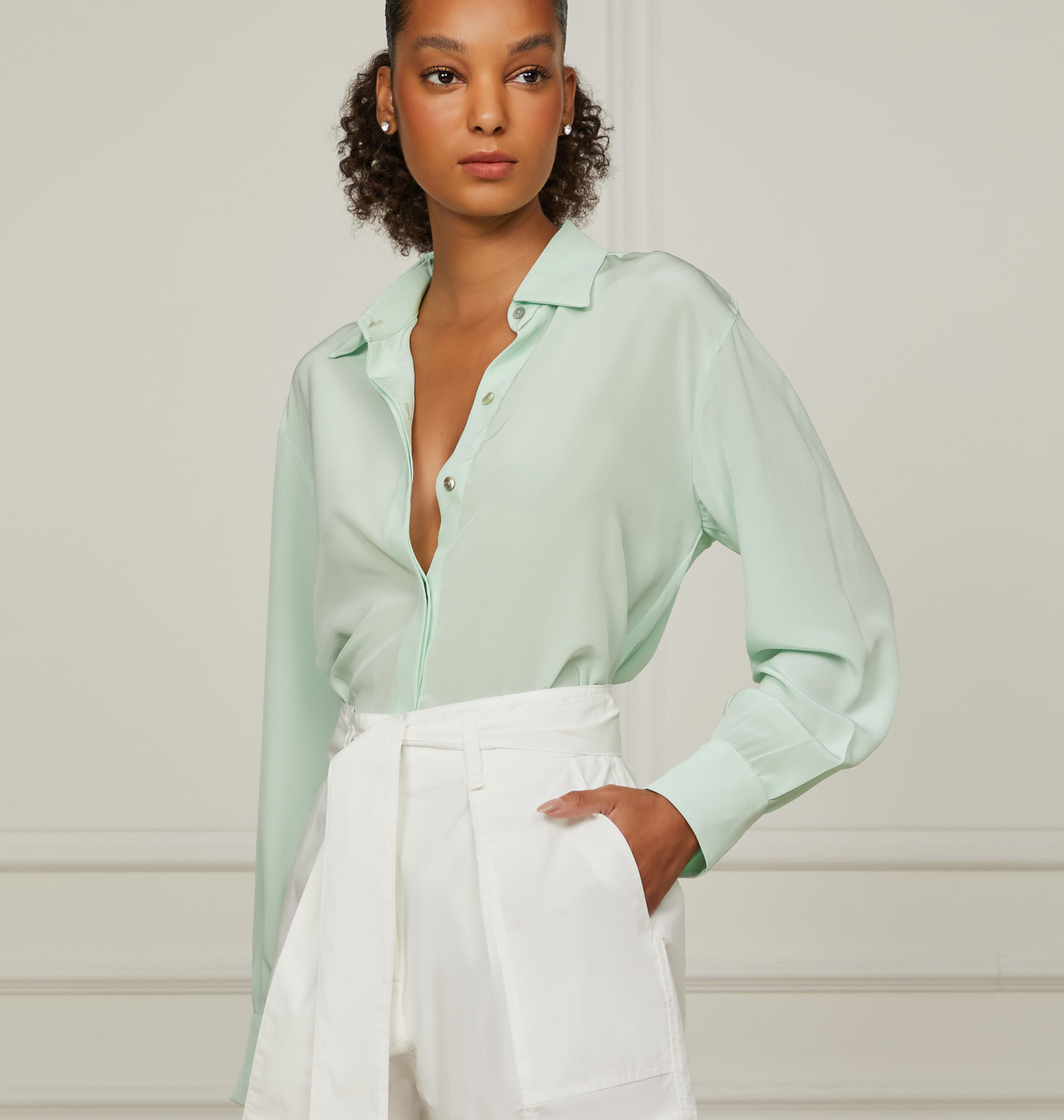 Short De Algodão Com Faixa Detalhe Pregas Branco