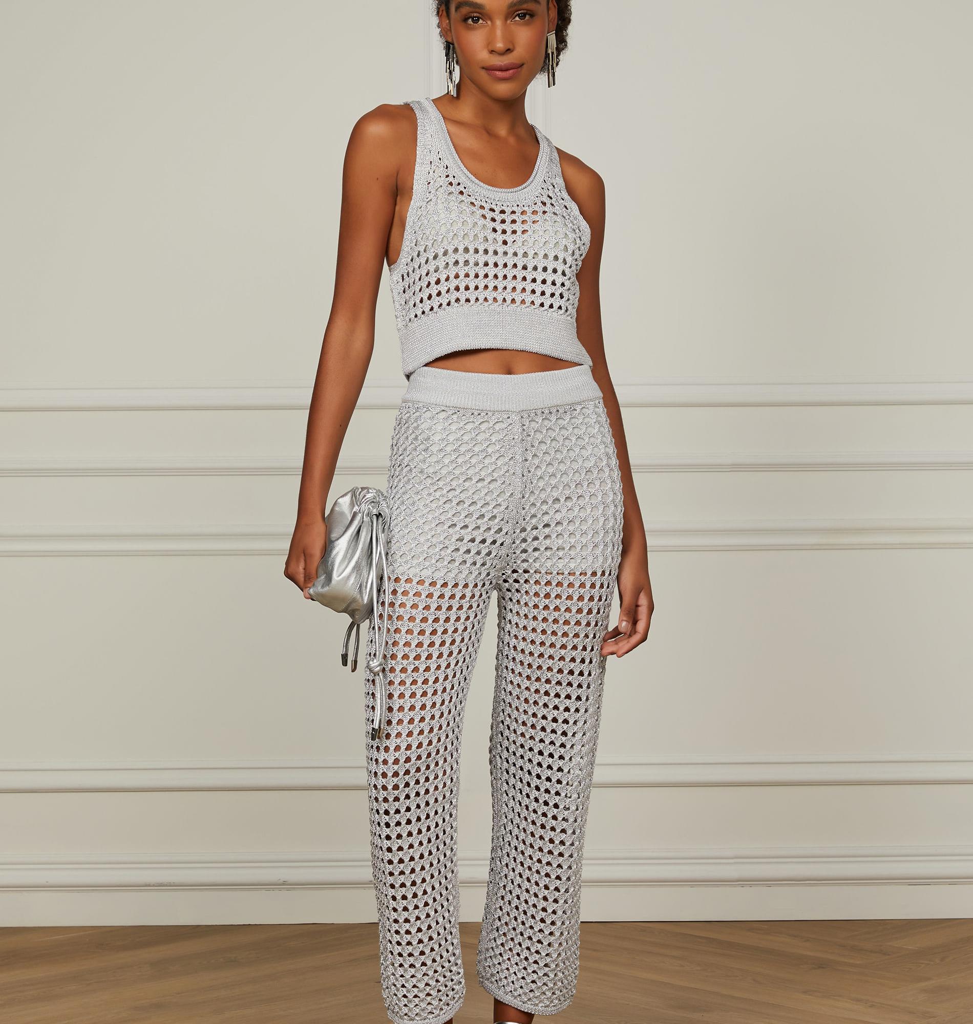 Regata De Tricot Cropped Lux Com Decote u Prata