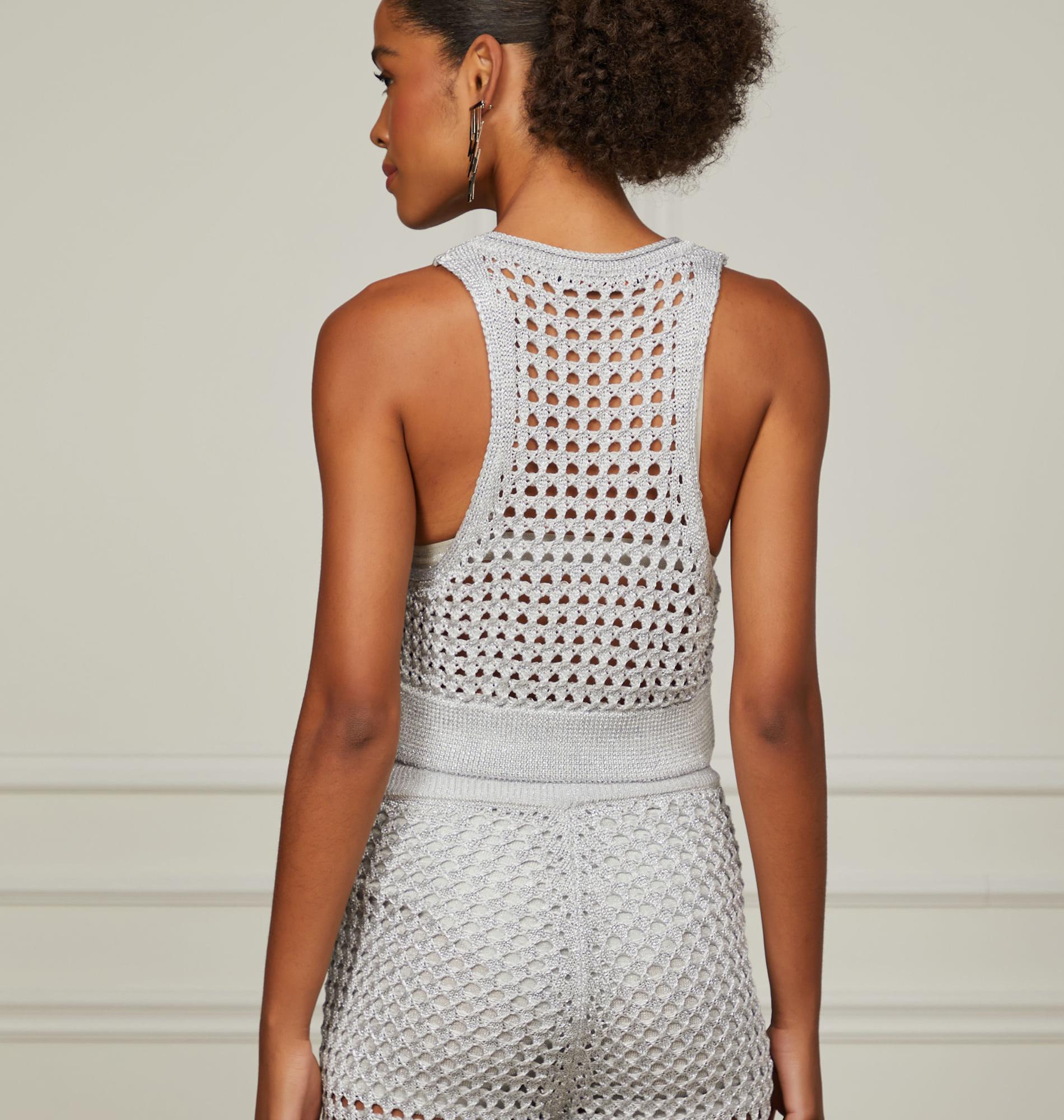 Regata De Tricot Cropped Lux Com Decote u Prata