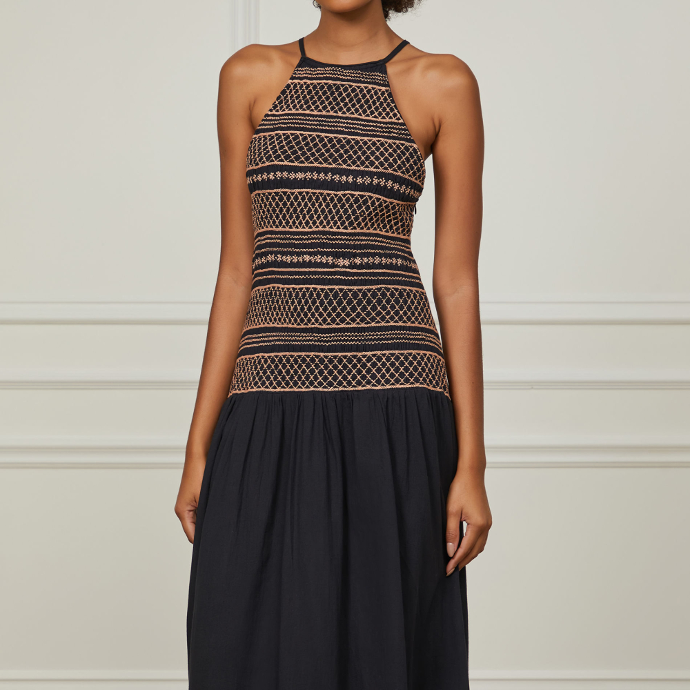 Vestido De Algodão Midi Preto Com Bordado Vintage Artesanal