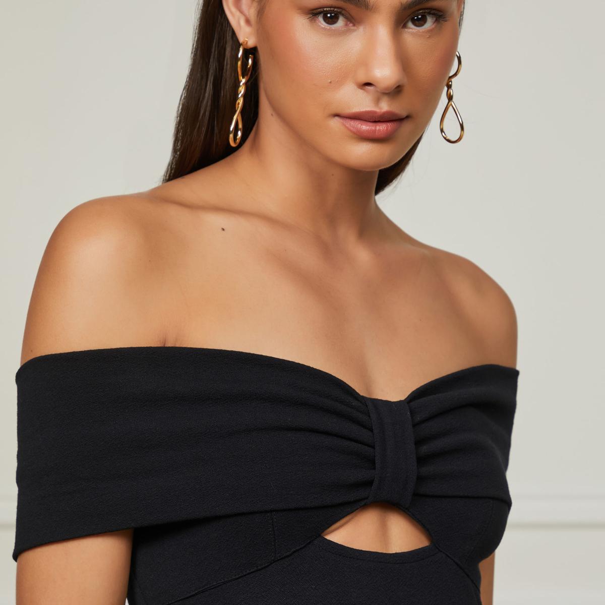 Vestido De Crepe Midi Ombro a Ombro Laço Com Cut