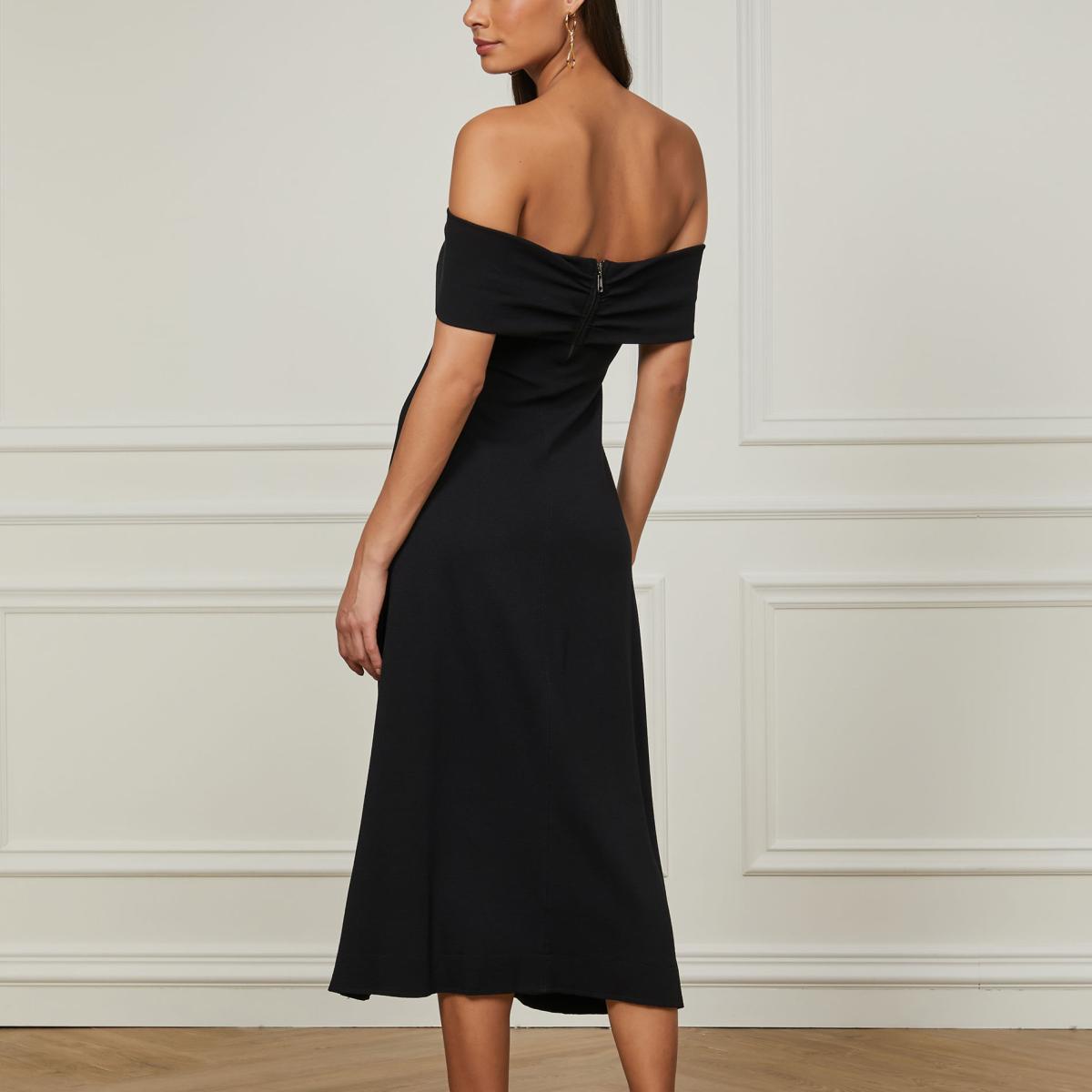 Vestido De Crepe Midi Ombro a Ombro Laço Com Cut
