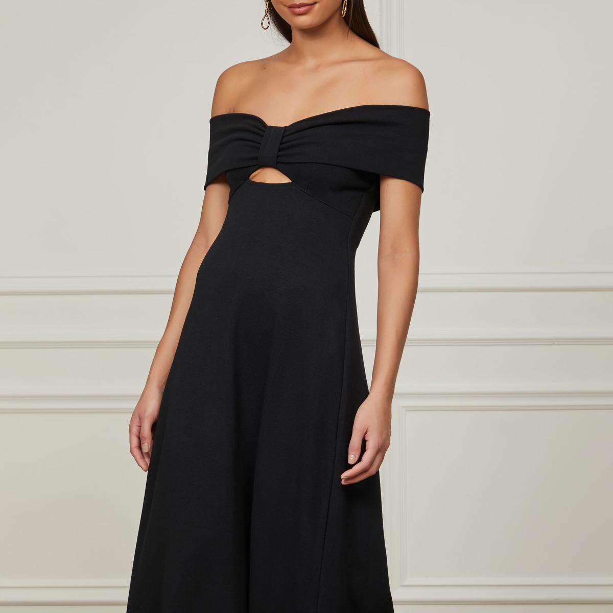 Vestido De Crepe Midi Ombro a Ombro Laço Com Cut