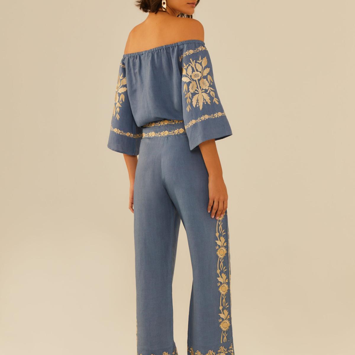 Calça Bordado Floral Ouro Calça Bordado Floral Ouro