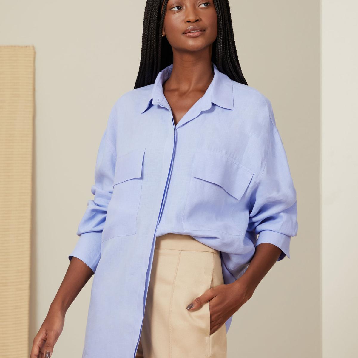 Camisa De Linho Alfaiataria Com Bolsos