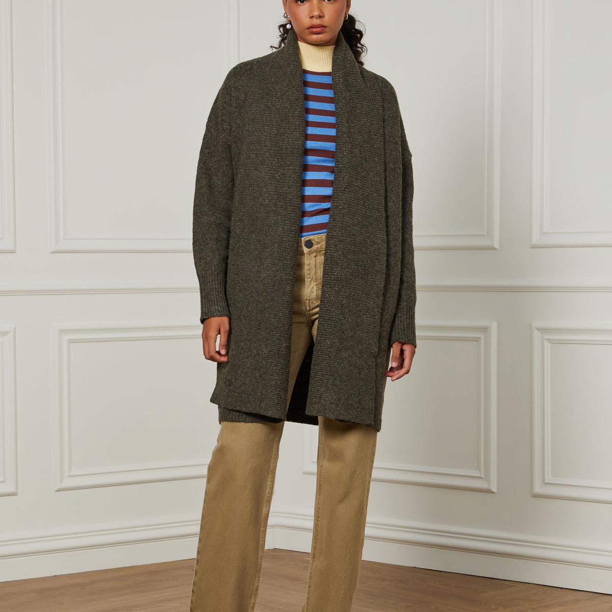 Cardigan De Tricot Alongado Com Decote De Rib
