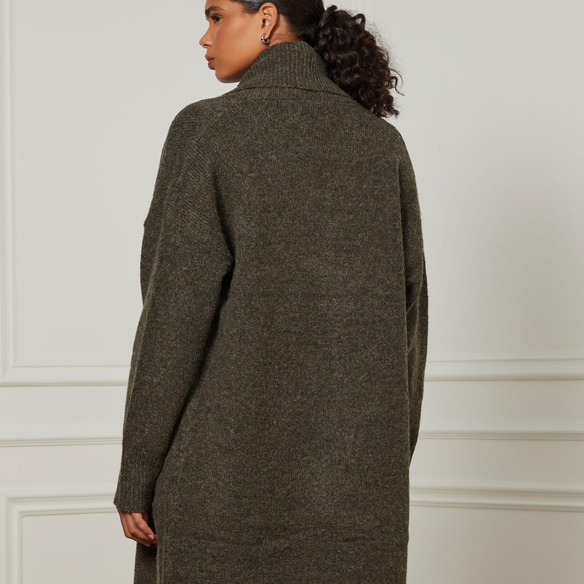 Cardigan De Tricot Alongado Com Decote De Rib