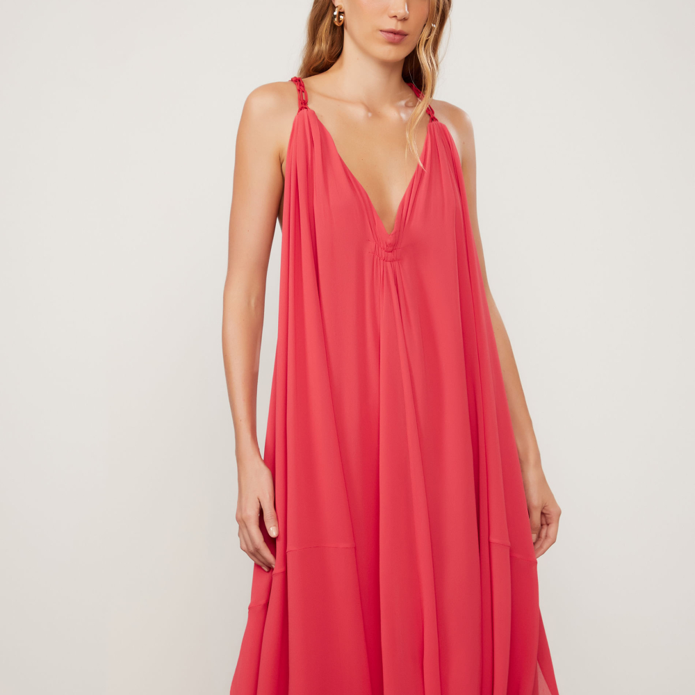Vestido De Georgette Leve Longo Vermelho Alça De Macramê