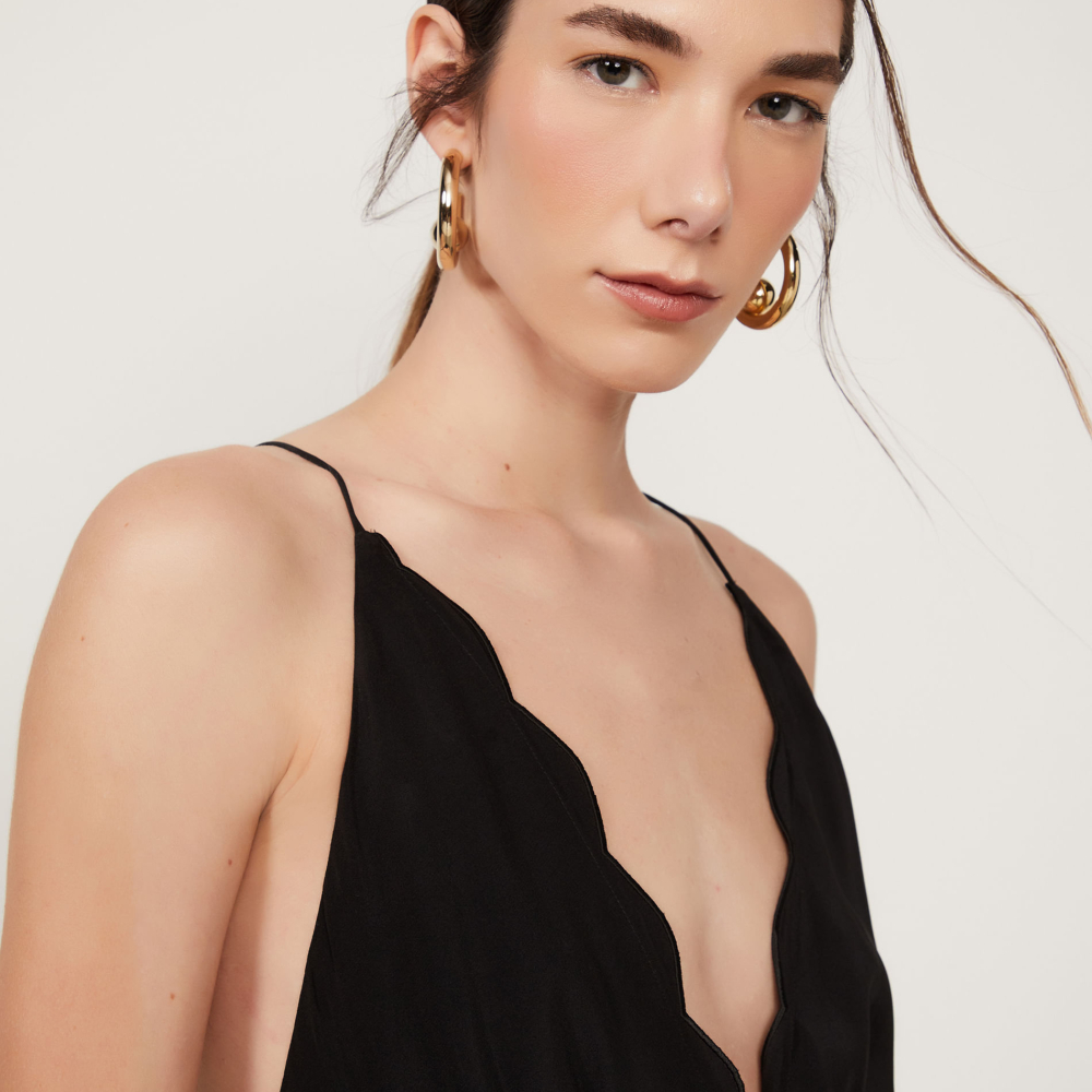 Vestido De Seda Midi Preto Borda Festonê