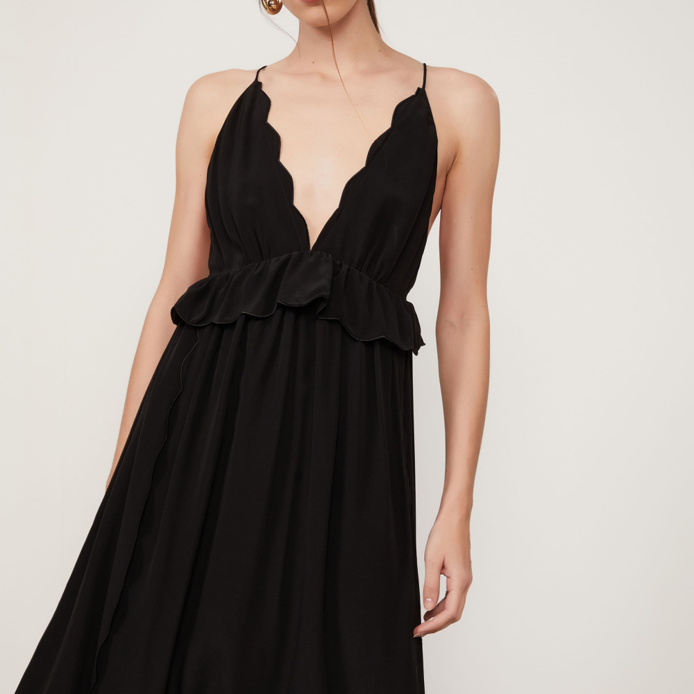 Vestido De Seda Midi Preto Borda Festonê