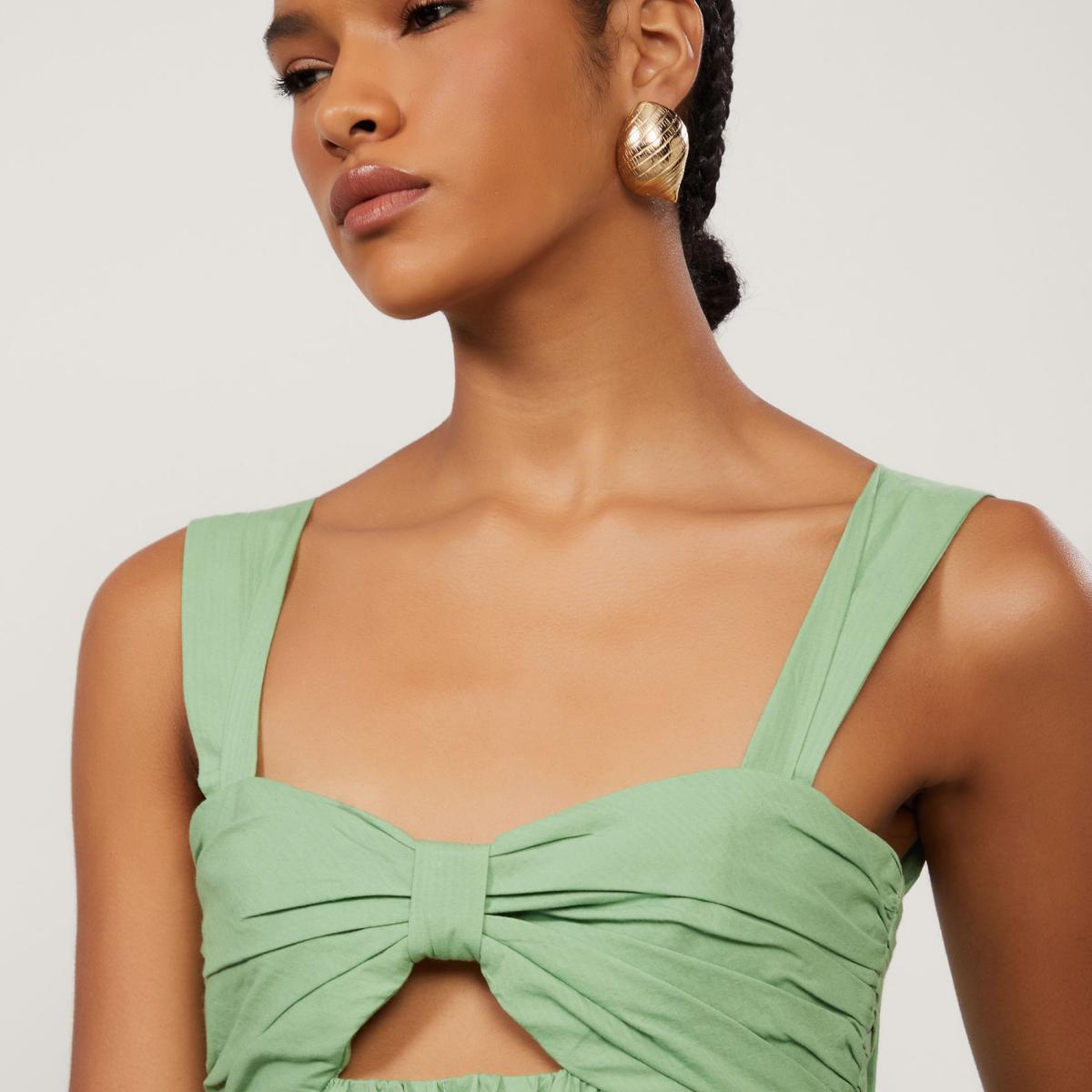 Vestido Curto De Alça Decote Reto Franzido De Algodão Verde
