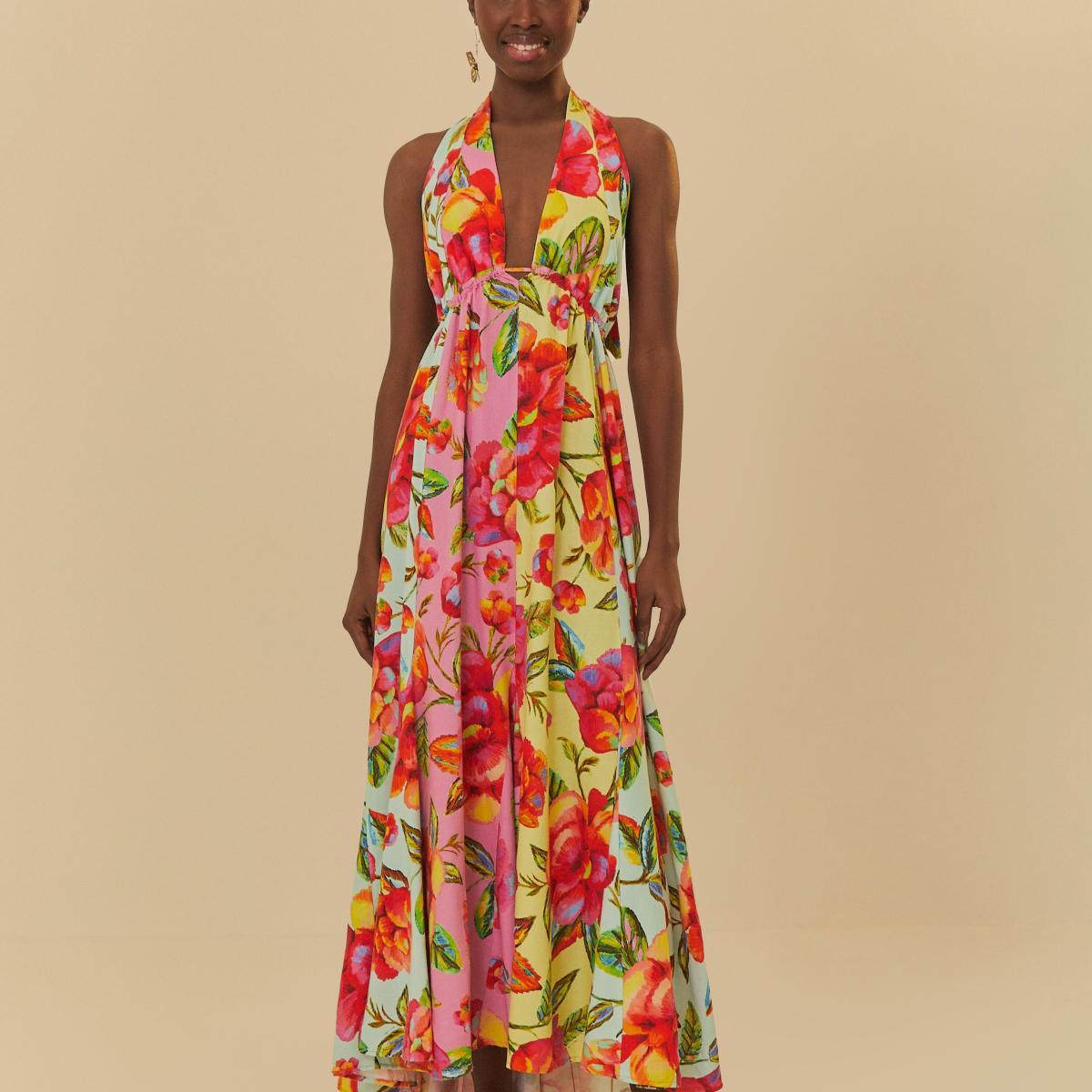 Vestido Longo Nesgas Patch Estampado Flor Céu