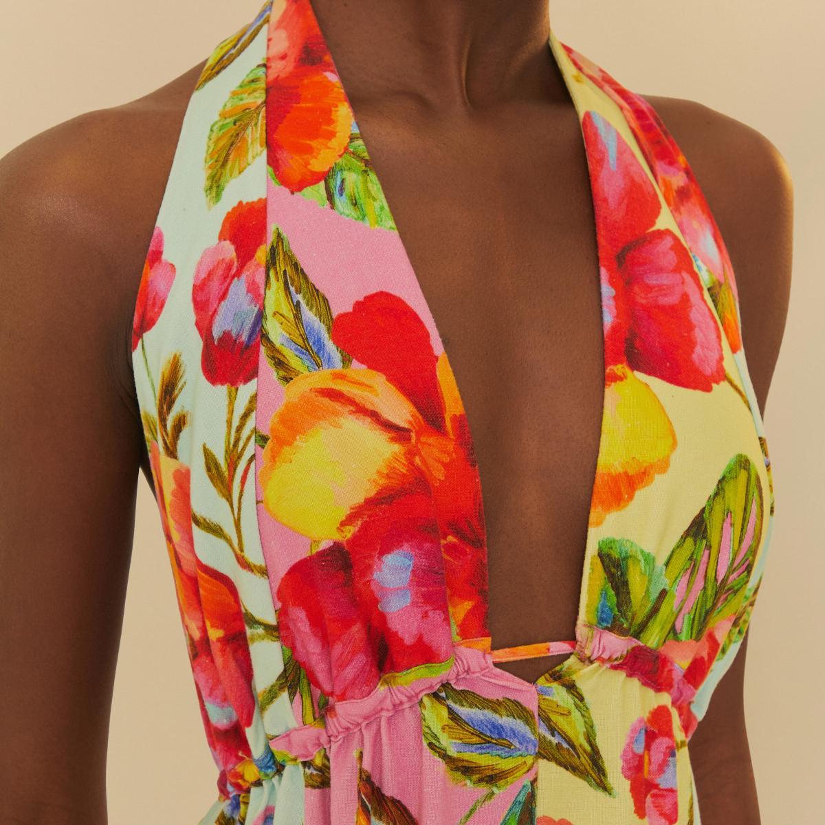 Vestido Longo Nesgas Patch Estampado Flor Céu