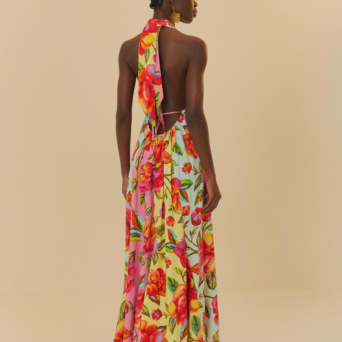 Vestido Longo Nesgas Patch Estampado Flor Céu