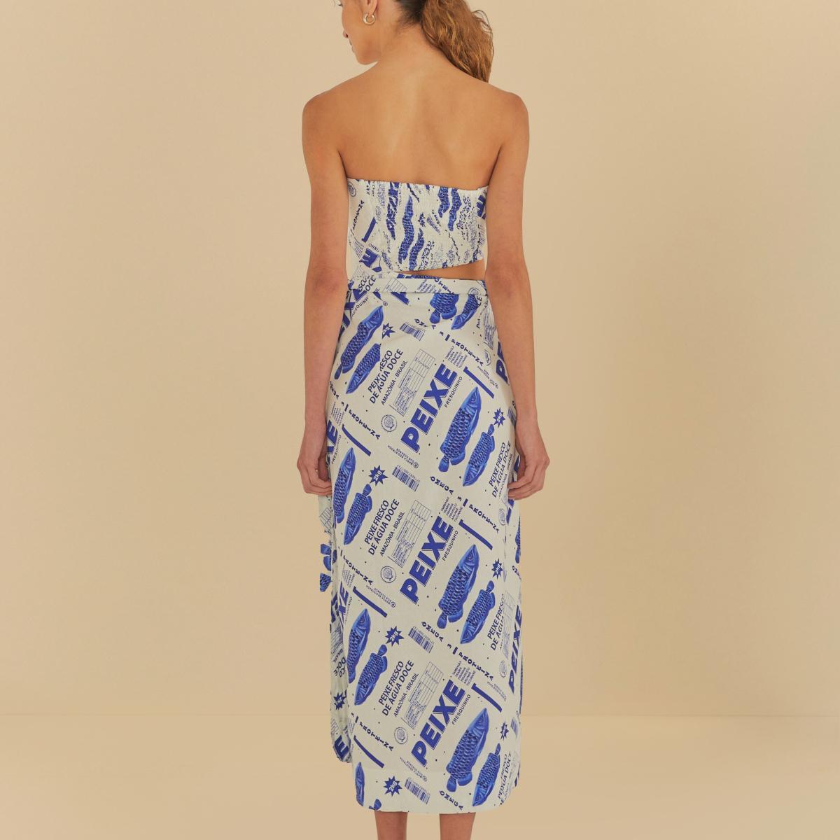 Vestido Cropped Ombros De Fora Estampado Peixe Fre