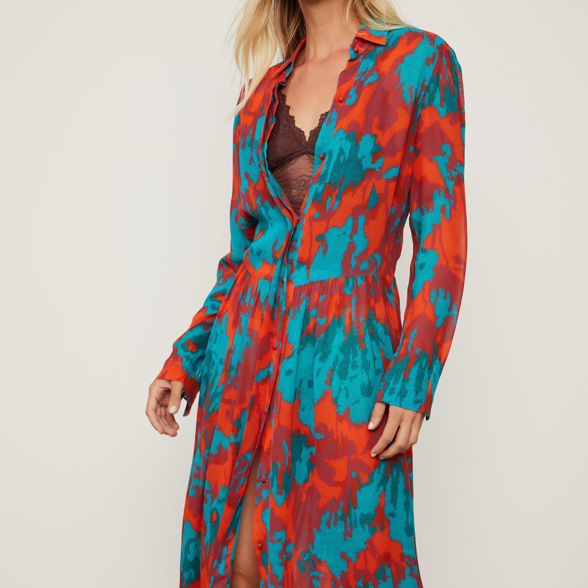 Chemise De Georgette Leve Midi Estampada Manga Longa Chemise De Georgette Leve Midi Estampada Manga Longa