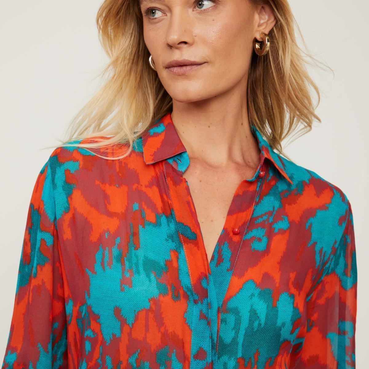 Chemise De Georgette Leve Midi Estampada Manga Longa Chemise De Georgette Leve Midi Estampada Manga Longa