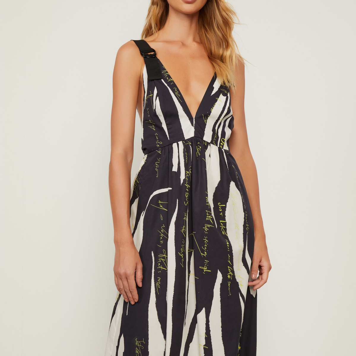 Vestido Midi Alça Larga De Gorgorão De Algodão Estampado