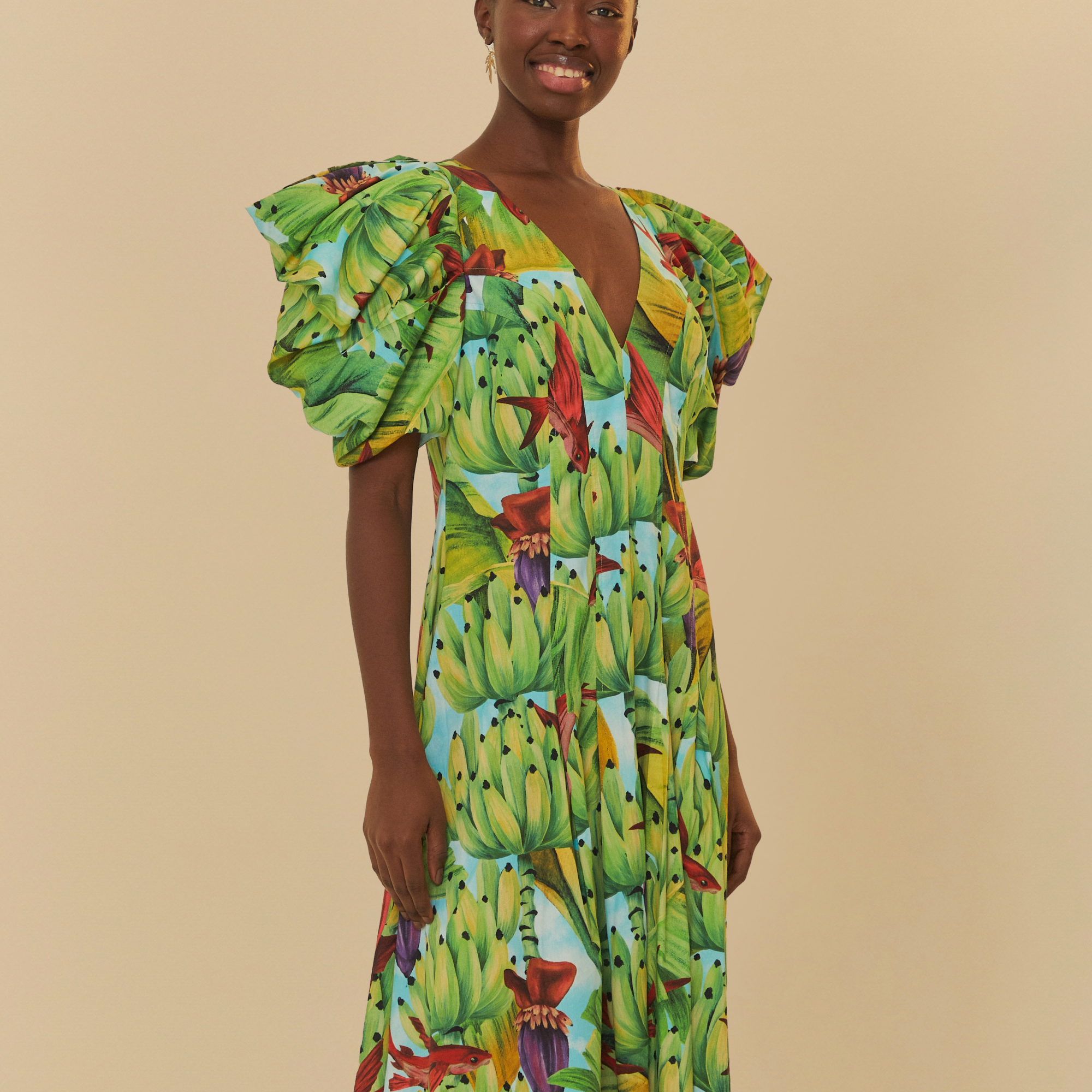 Vestido Midi Estampado Banana D'Água