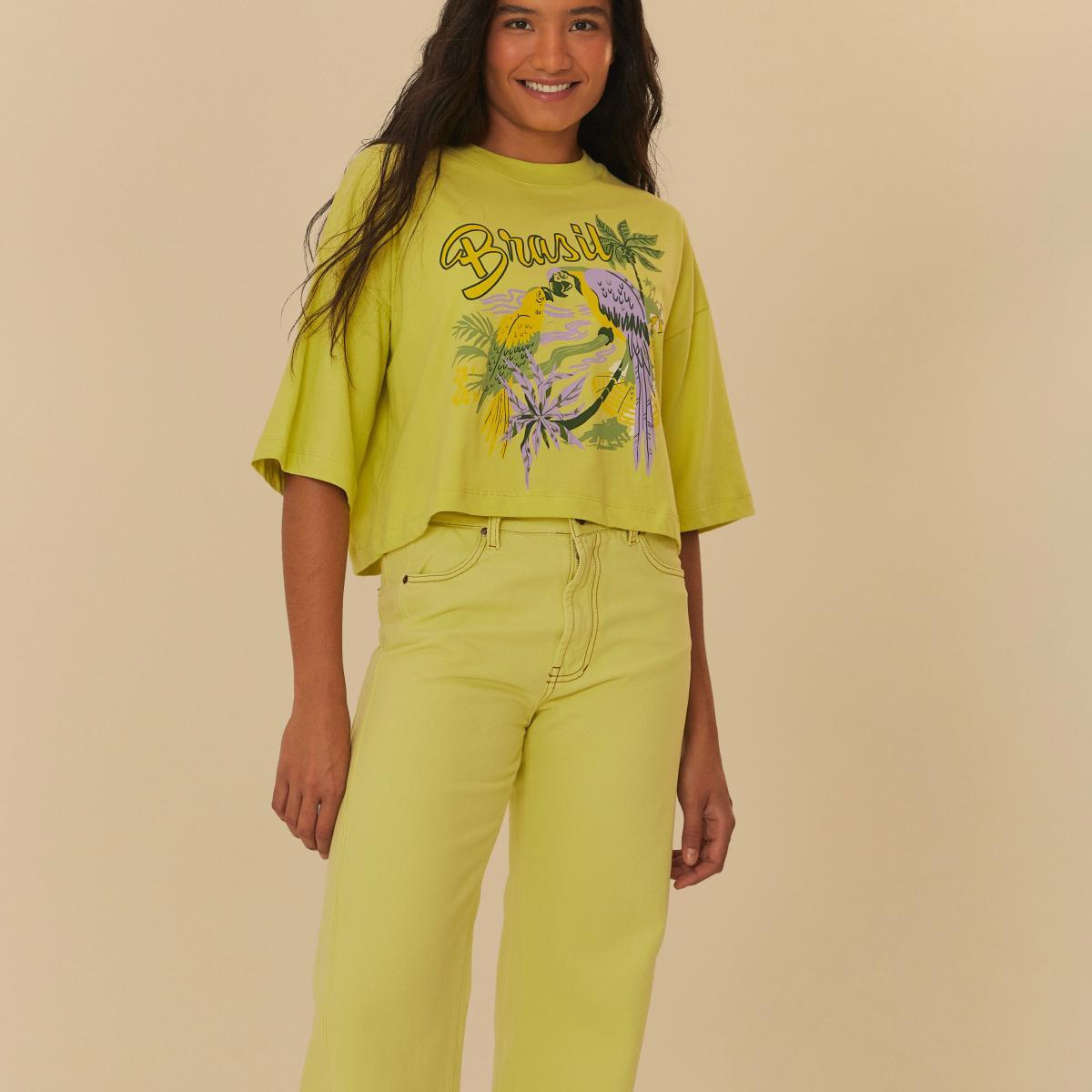 Calça Sarja Recorte Amarelo Neon