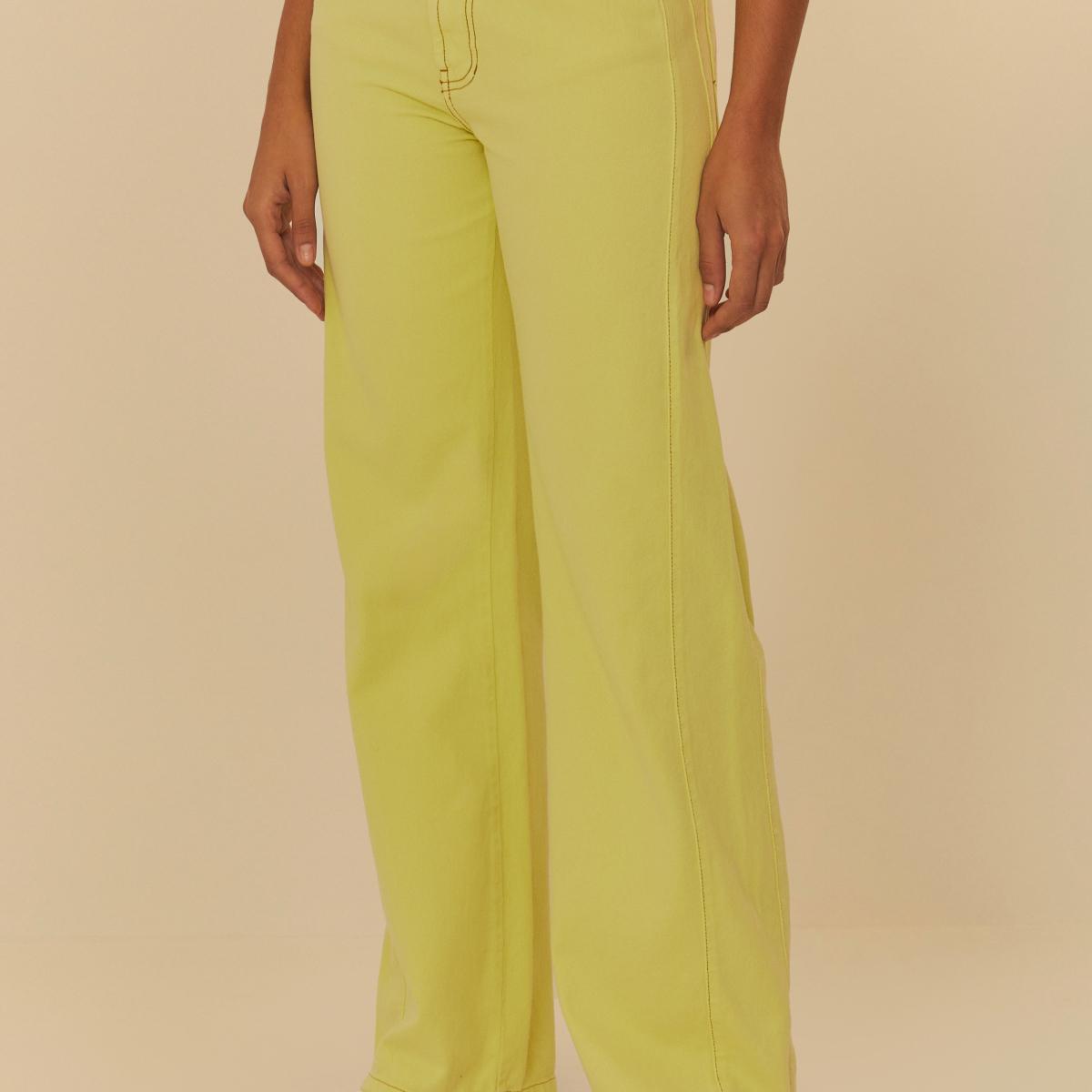 Calça Sarja Recorte Amarelo Neon
