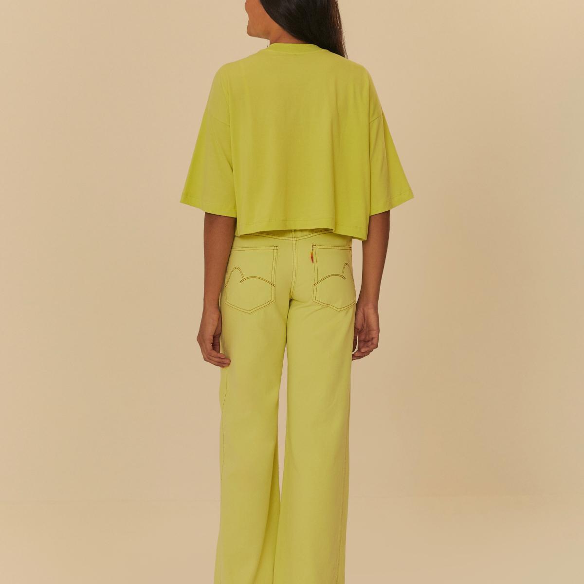 Calça Sarja Recorte Amarelo Neon