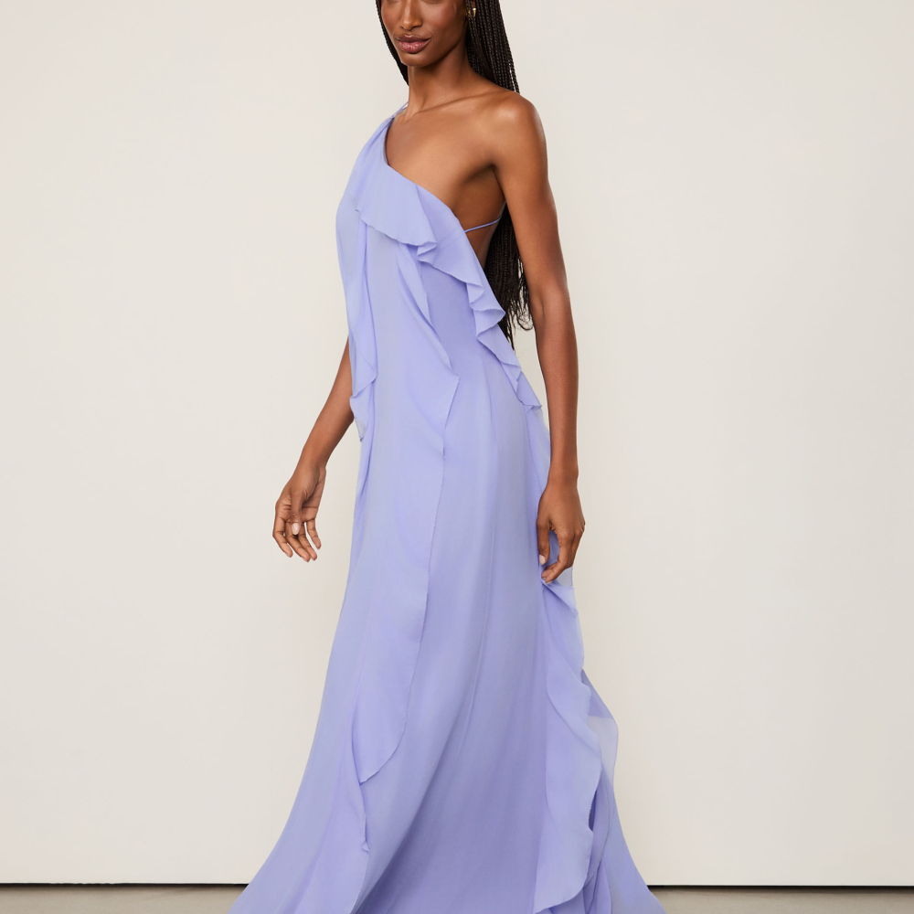 Vestido De Georgette Midi Lilás Jacaranda Um Ombro Só