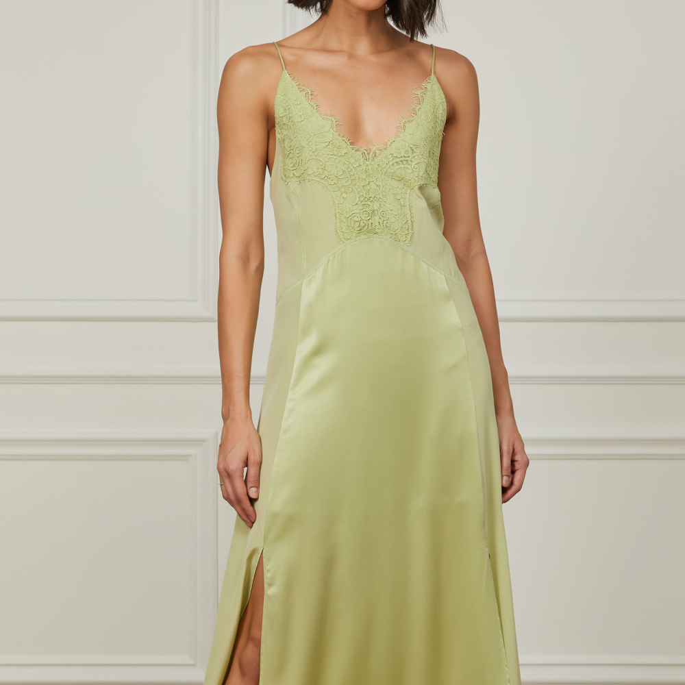 Vestido De Seda Midi Verde Com Aplicação De Renda