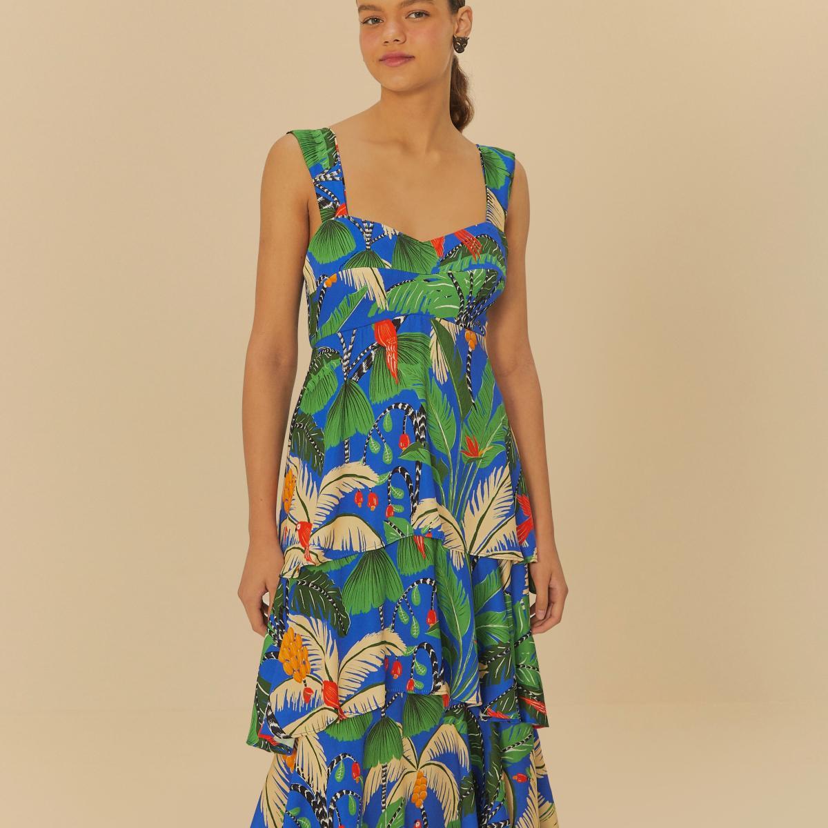 Vestido Longo Babados Estampado Ilha Da Noite