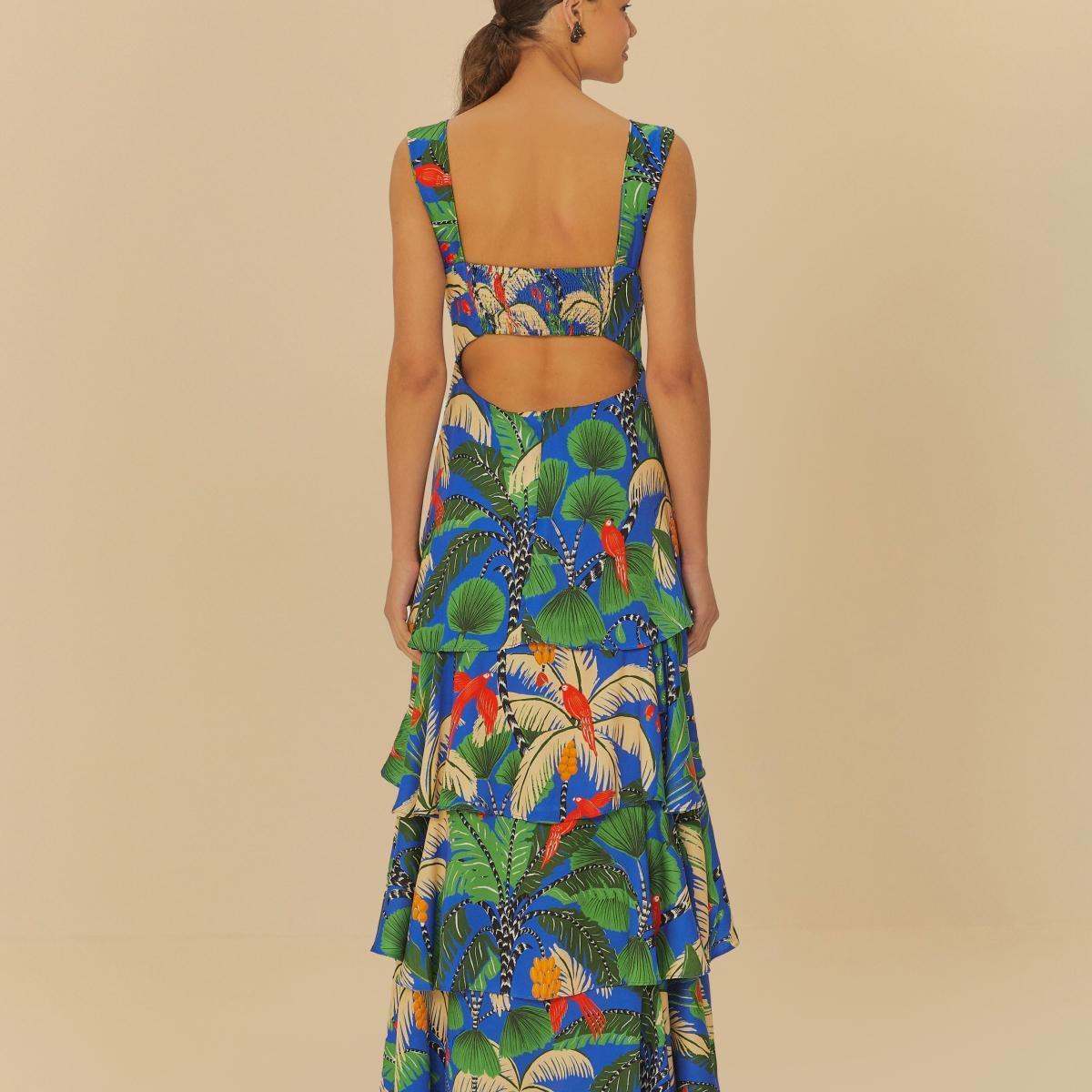 Vestido Longo Babados Estampado Ilha Da Noite