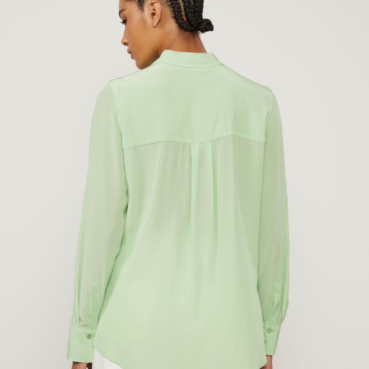 Camisa De Seda Básica Verde Manga Longa