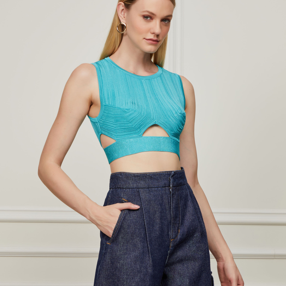 Top Estruturado De Tricot Canelado Irregular Turquesa