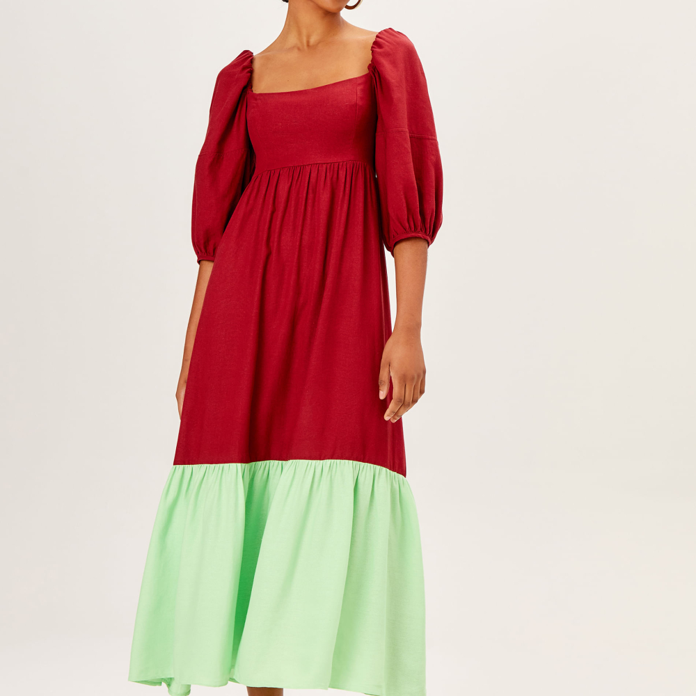 Vestido Midi Bicolor Manga Bufante