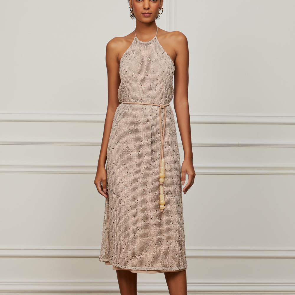 Vestido Midi Frente Única Com Tecido Telado