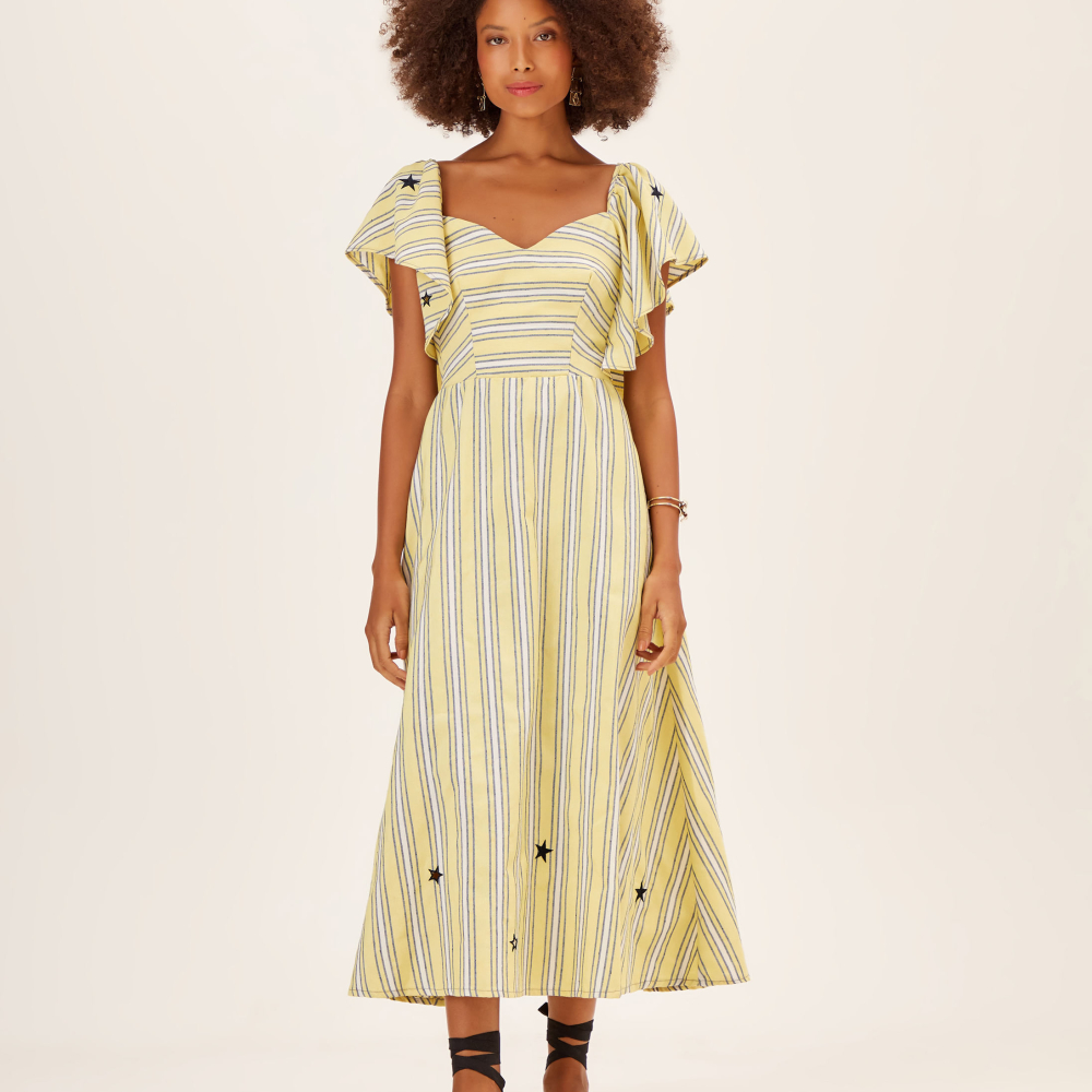 Vestido Sarja Bordado Estrela