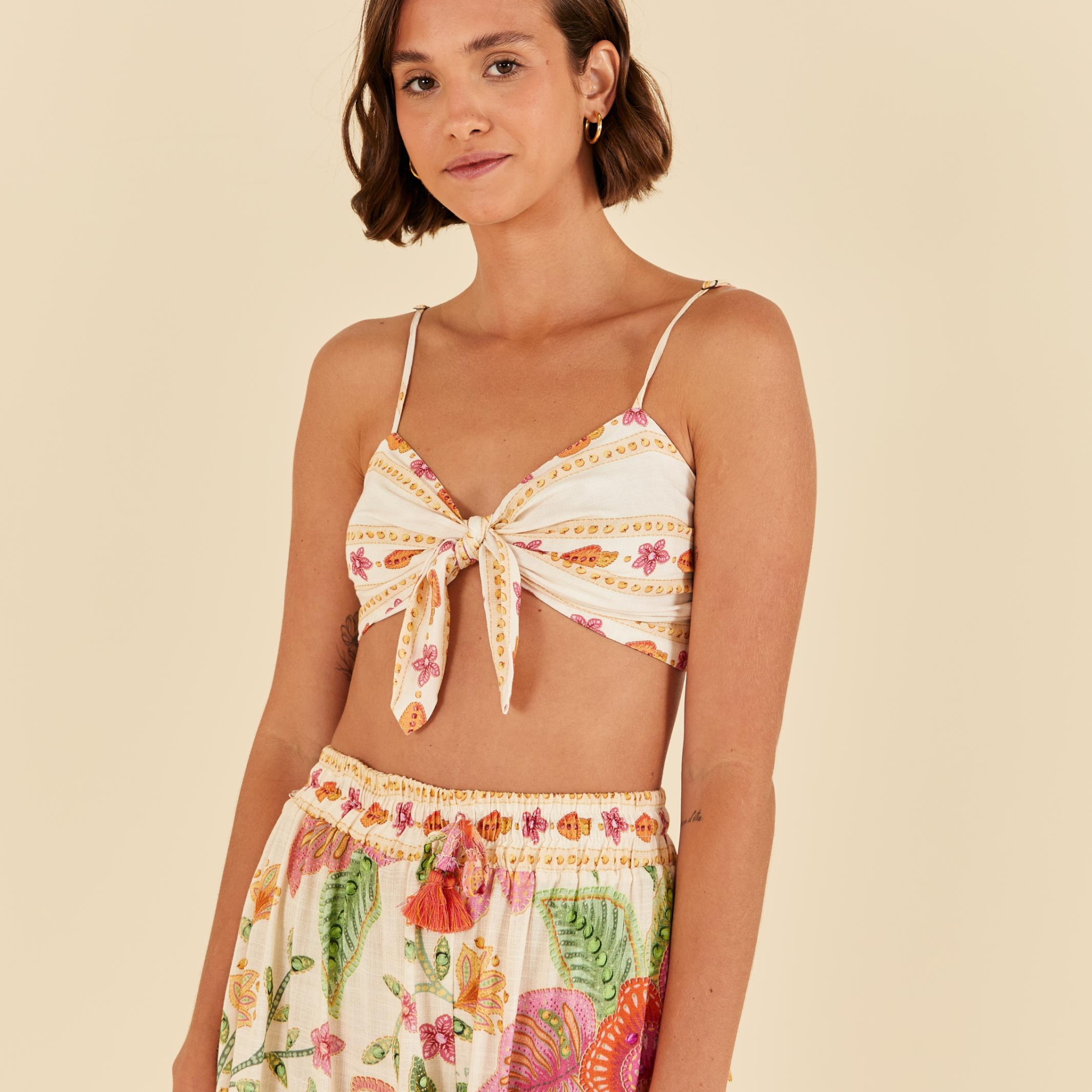 Top Amarração Estampada Flor De Verão Barrado