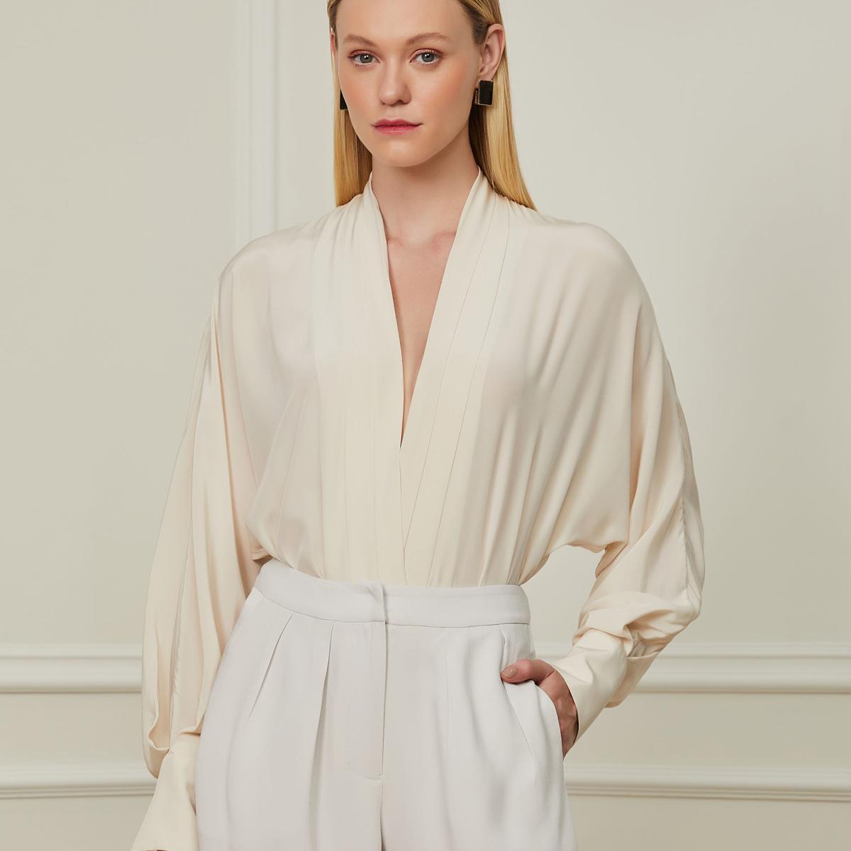 Body Manga Longa De Seda Estampado Off White