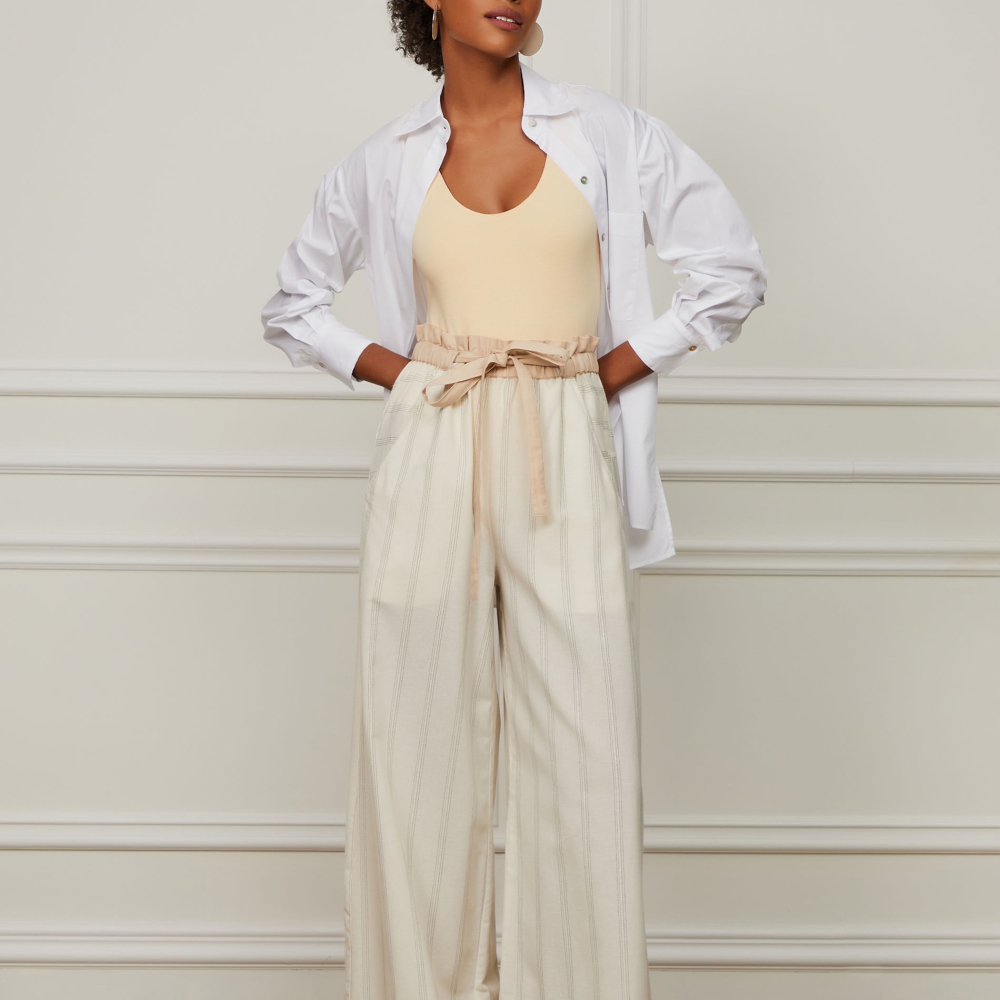 Calça Ampla De Algodão Com Listra Lurex