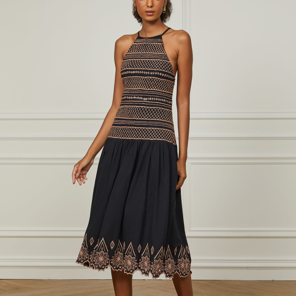 Vestido De Algodão Midi Preto Com Bordado Vintage Artesanal