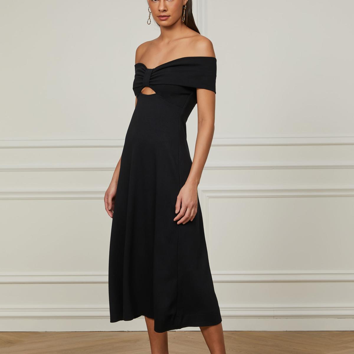 Vestido De Crepe Midi Ombro a Ombro Laço Com Cut